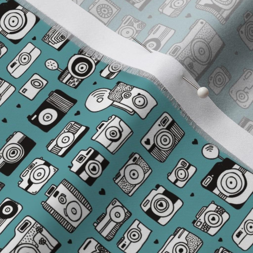 Spoonflower Fabric - Vintage Camera Cool Retro Toy Photography Gender Neutral Blue Small Printed on Organic Cotton Sateen Fabric by The Yard - Sewing Quilting Apparel Home Decor