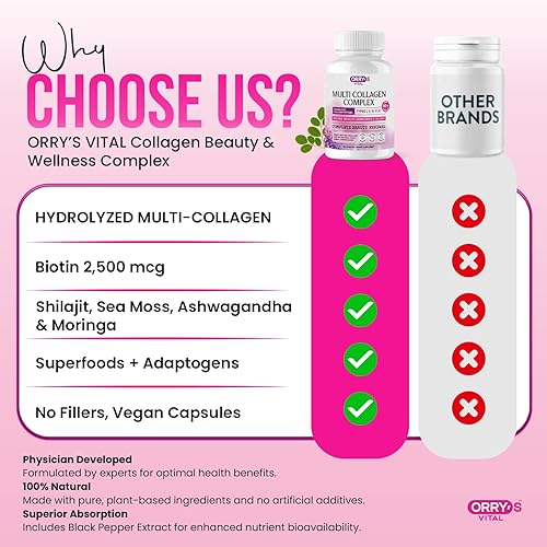 Miniatura 4 de Orrys Vital Multi colágeno para mujeres y hombres tipo I, II, III, V, X + musgo marino, shilajit, moringa, ashwagandha, biotina, vitamina C y ácido