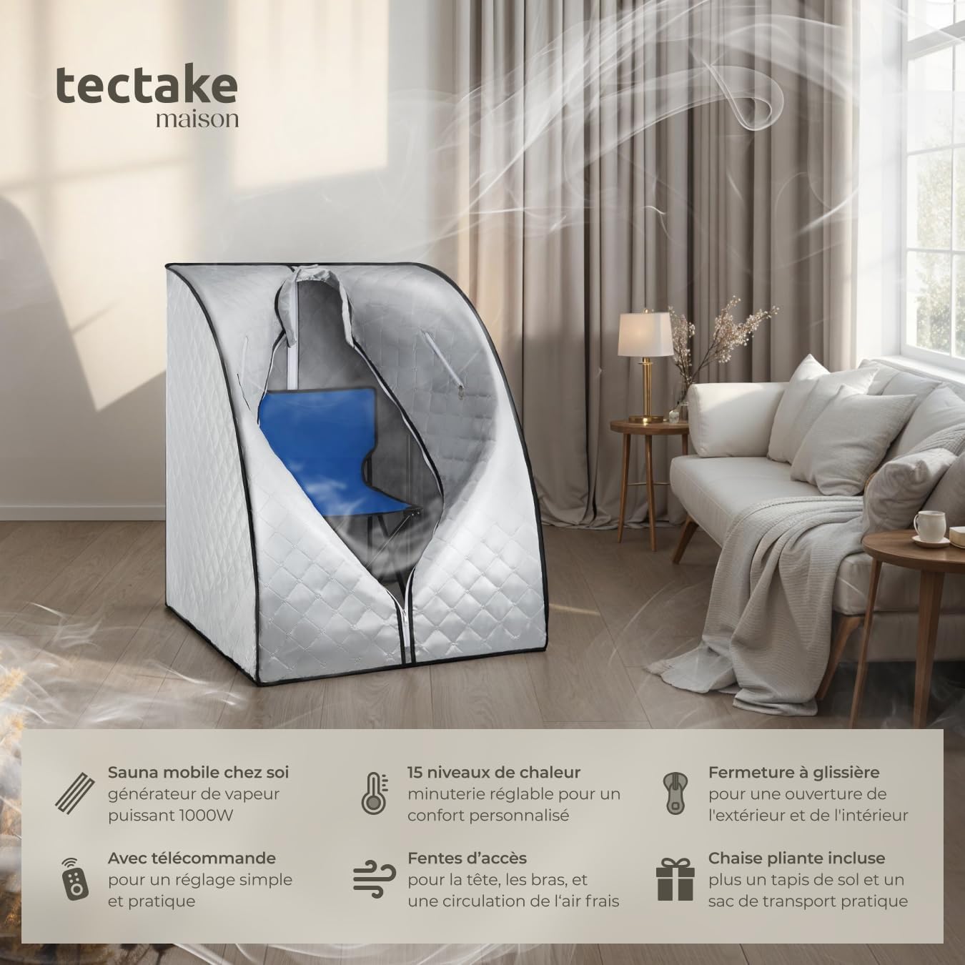 TecTake portable steam sauna set up in a living room, highlighting its compact and space-saving design.
