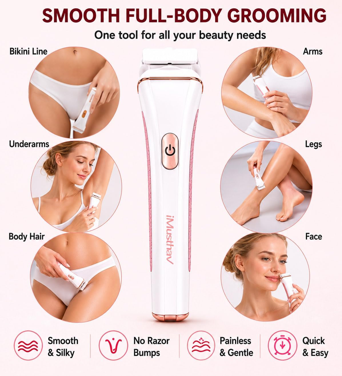 Bikini Trimmer for Women, Electric Pubic Hair Trimmer with 18K Gold-Plated Blade, Facial Hair Remover, Wet & Dry Rechargeable Bikini Razor with LED Light for Bikini Area, Legs, Underarms & Face