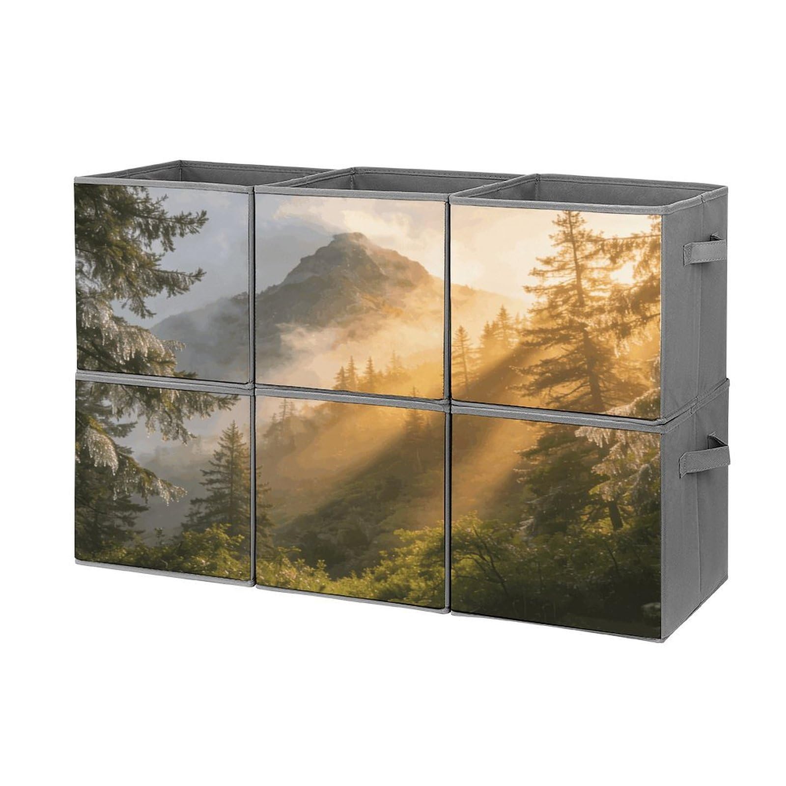 Fodpand Style Misty Forest Mountain Cube Bins With Double Handles,Set Of 6 Cube Organizer, Stackable And Foldable Storage Bins For Organization, Closet, Shelves, Offices
