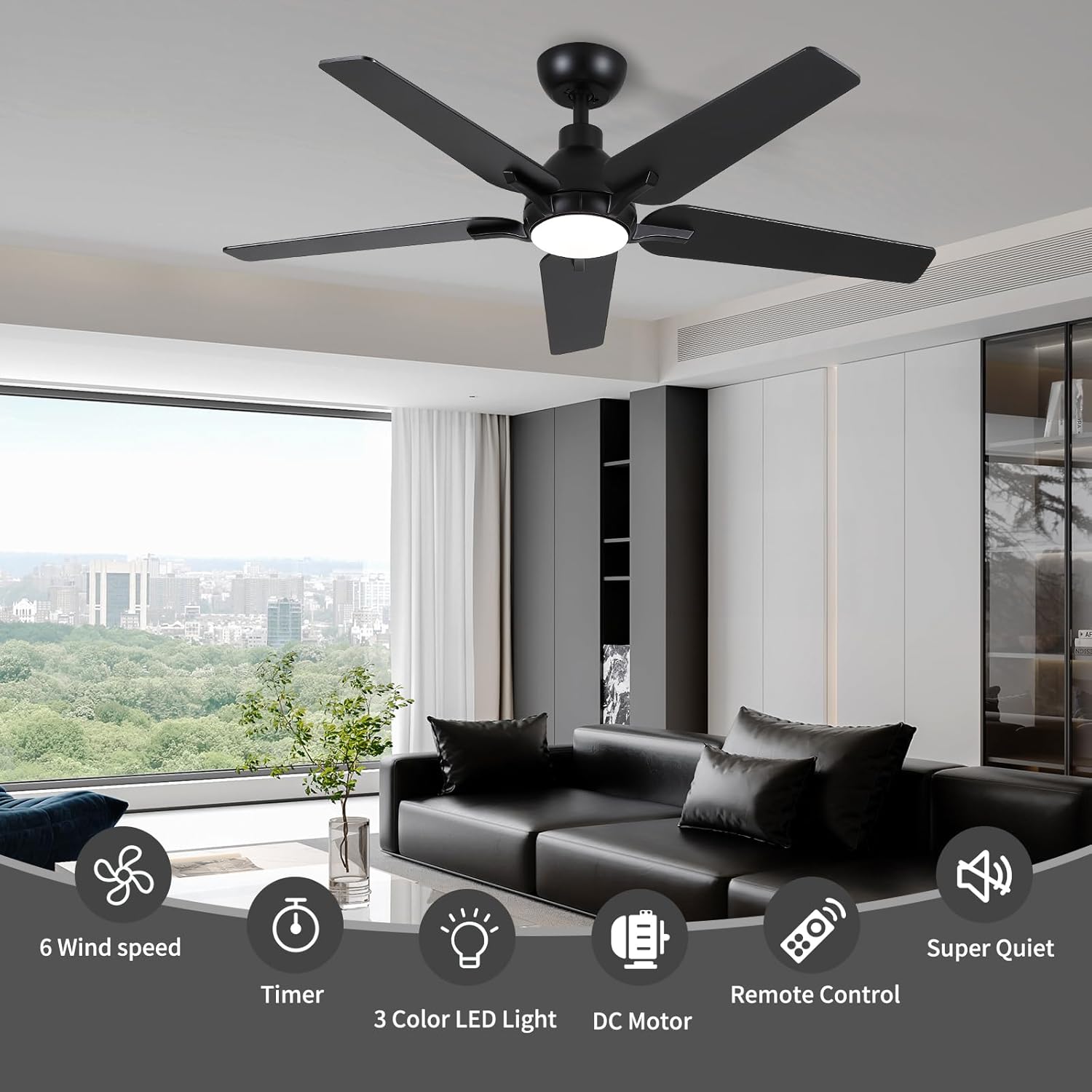 52 Inch Ceiling Fans with Lights: Black 5 Blades Ceiling Fan with Light and Remote for Bedroom Living Room Dining Room Patio, LED Dimmable 6 Speeds Reversible Quiet DC Motor