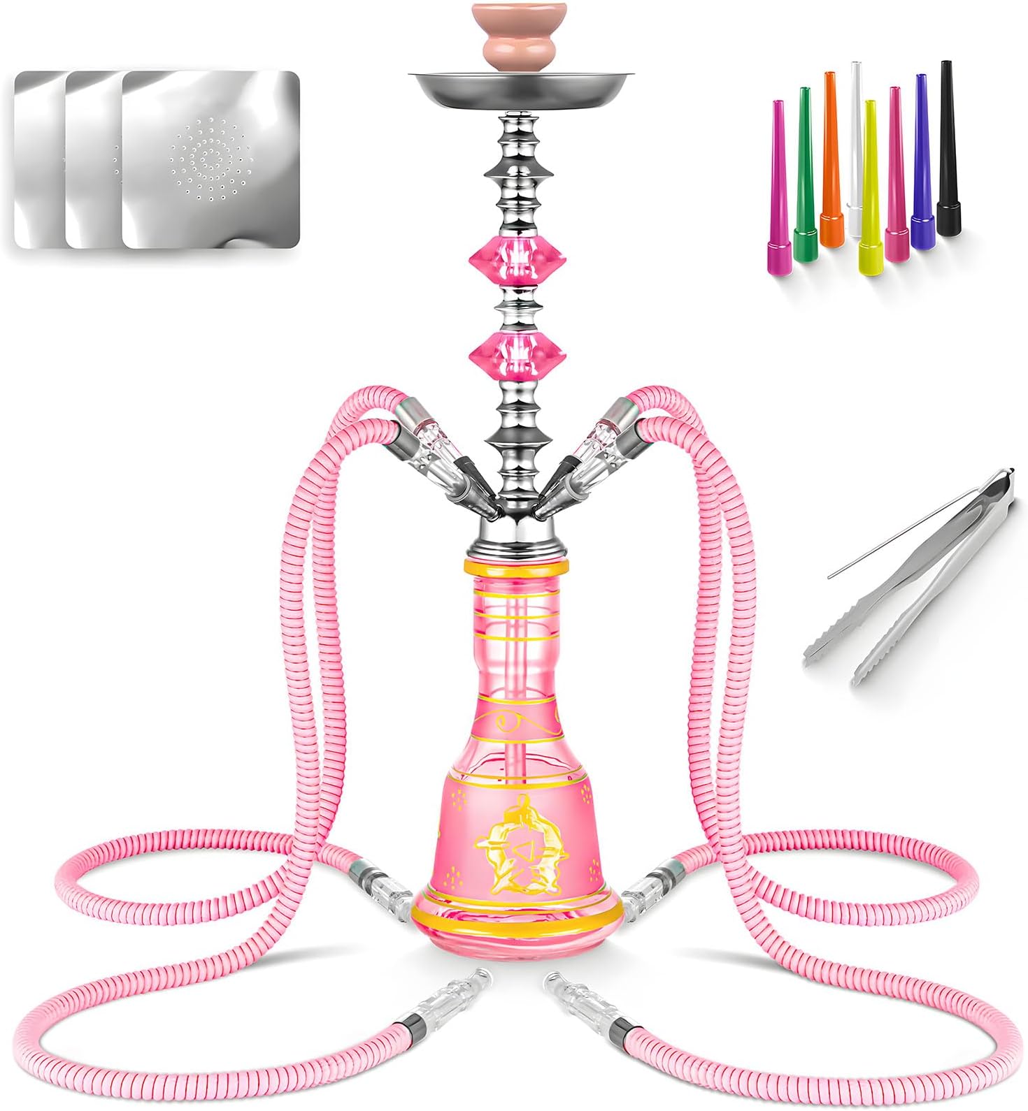 Hookah Set 4 Hose 21'' Shisha Hookah Set with Everything - Glass Shisha Vase, Disposable Hookah Tips, 50 Hookah Foil (Pink)