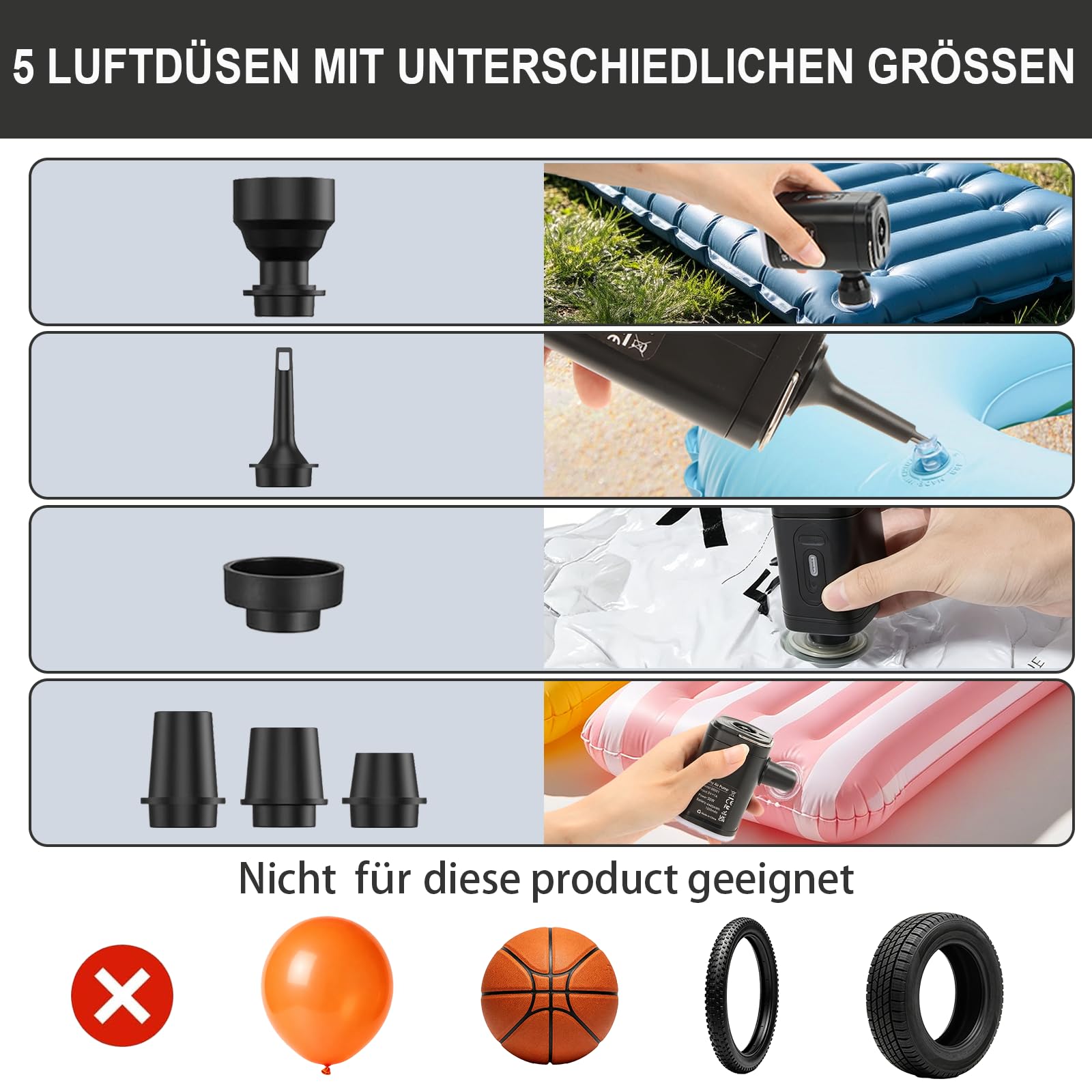 Elektrische Luftpumpe für Luftmatratze Klein Tragbare Elektrische Luftpumpe mit 6 Düsen 4000Pa 1200 mAh für Matratze Vakuumbeutel Paddeln Pool Schwimmer