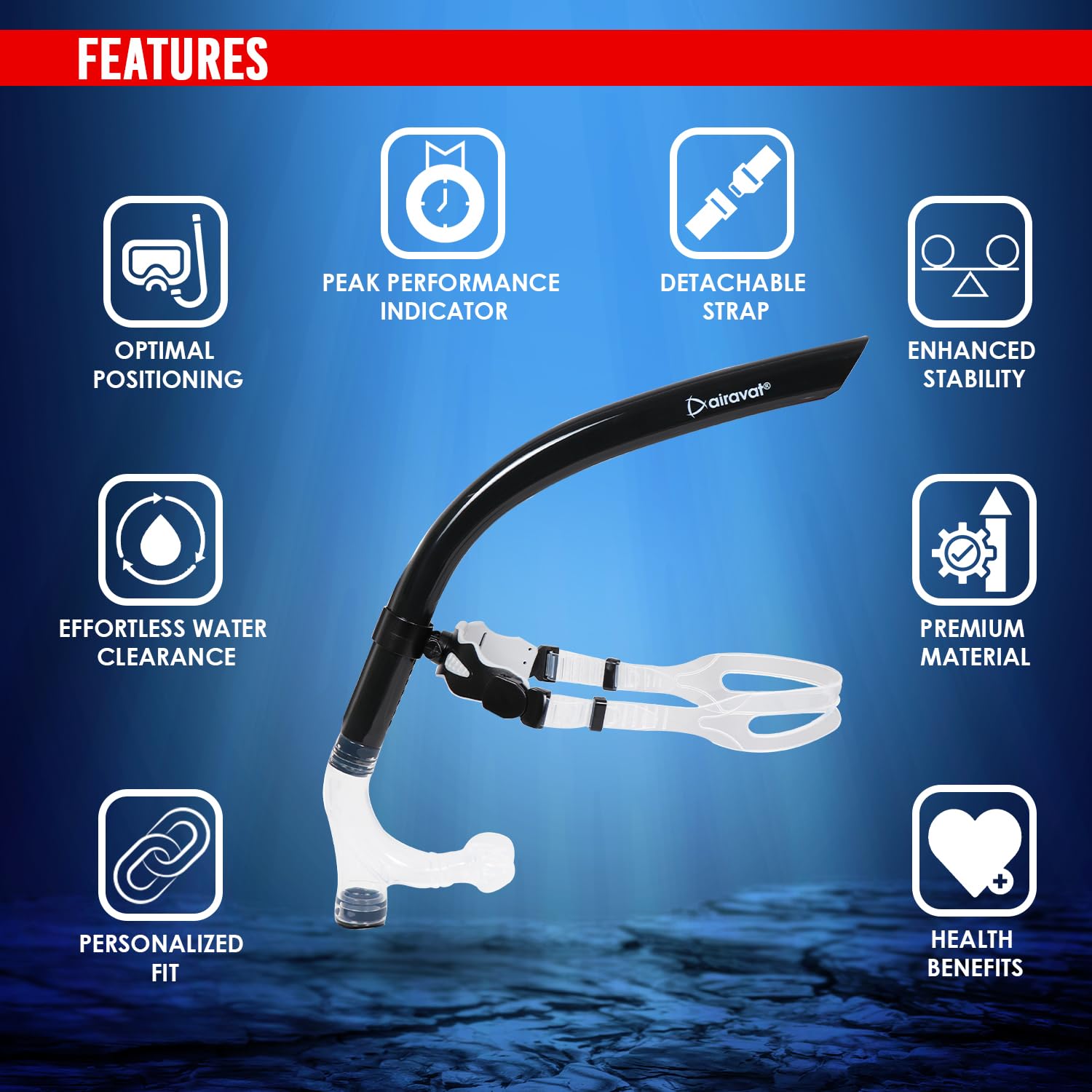 AIRAVAT Front Silicone Snorkel Tuna 1411 | Front-Mounted Swim Snorkel with Adjustable Head Bracket |for Swimming, Pool Training, Scuba Diving & Water Sports for Adults & Kids (Black) 1