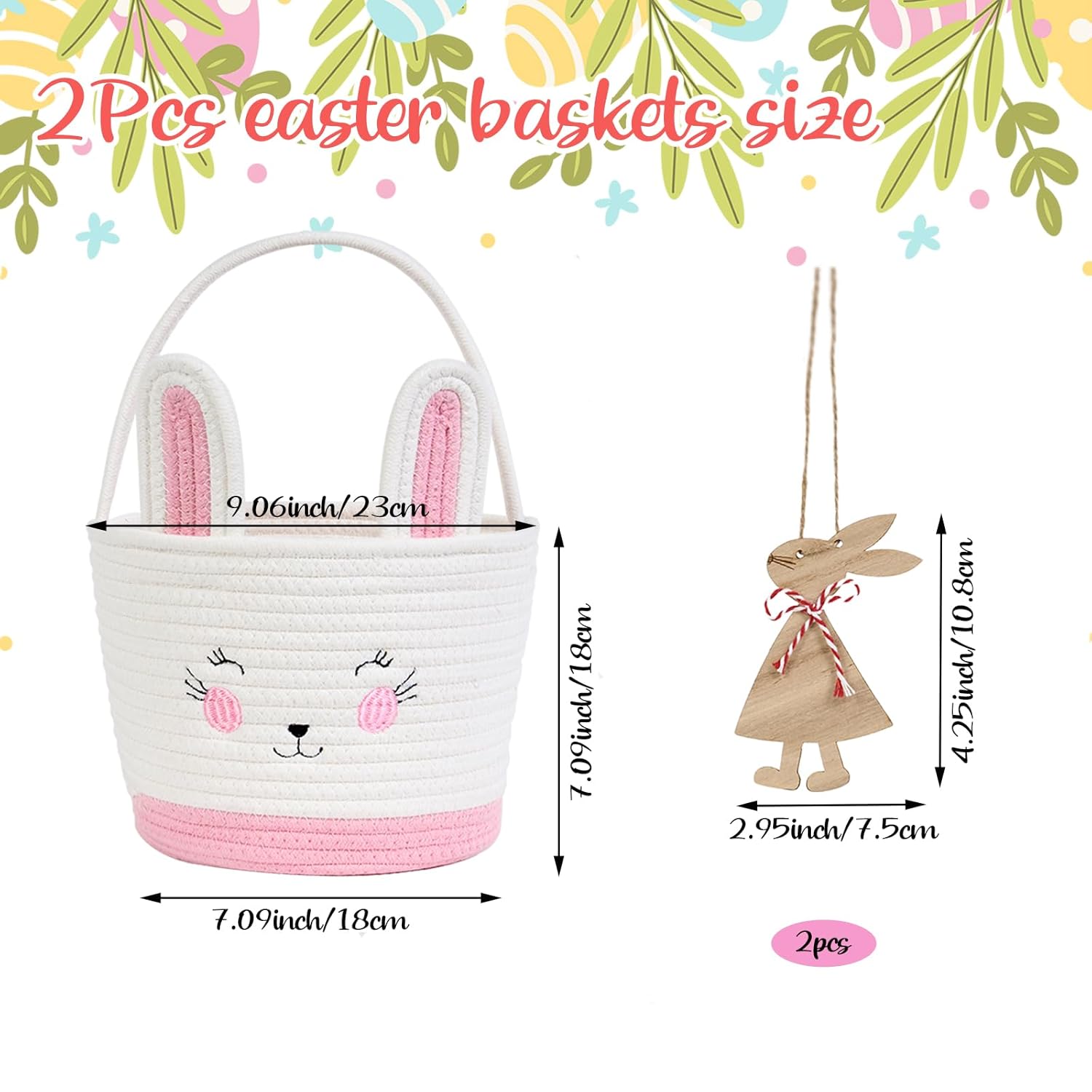 2 Pack Easter Bunny Baskets with 2 Wooden Bunny Ornaments, Egg Hunt Baskets for Kids, Boys, Girls, Easter Gift Baskets for Egg Hunting, Candy, Toys Storage & Easter Decorations (Pink+Blue)