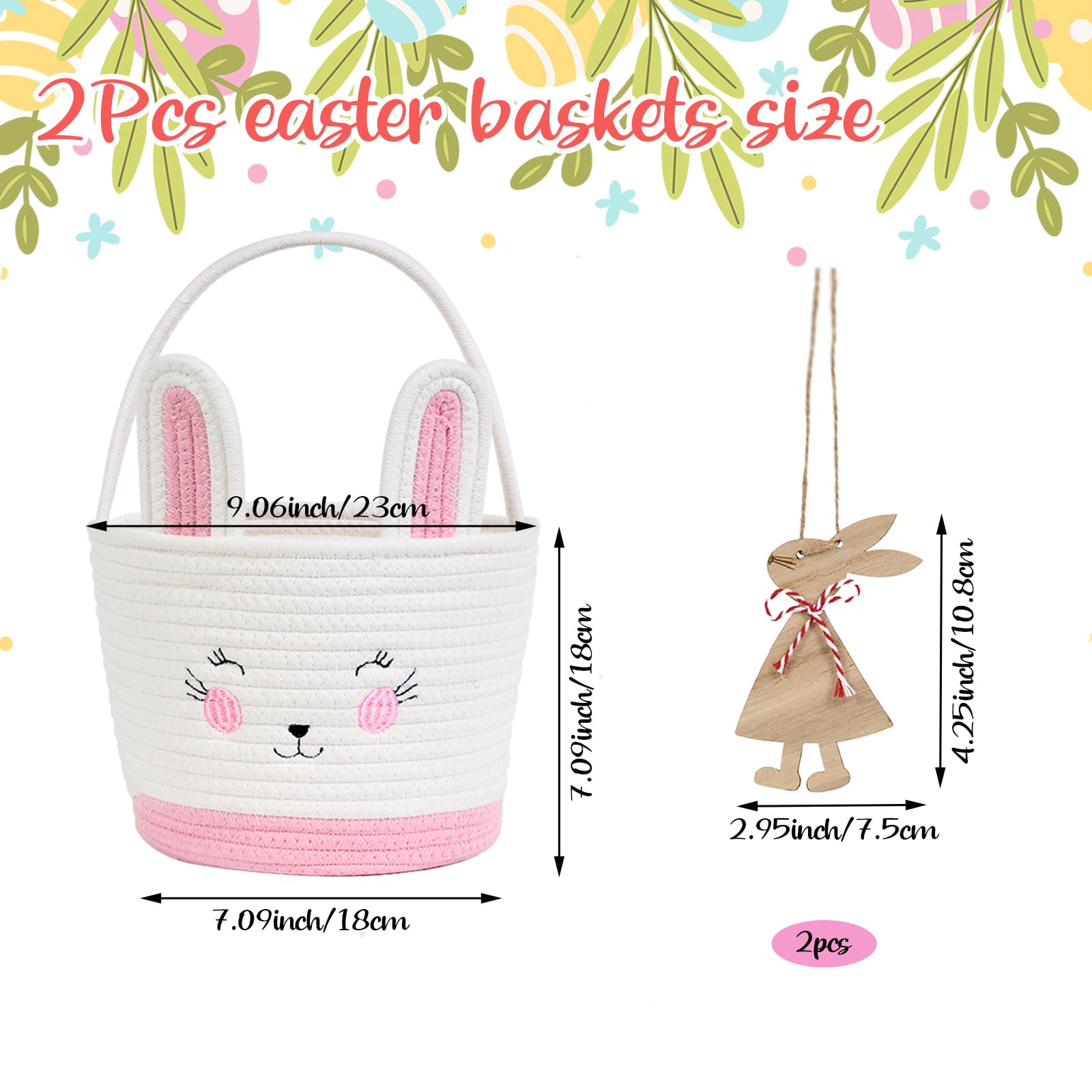 2 Pack Easter Bunny Baskets with 2 Wooden Bunny Ornaments, Egg Hunt Baskets, Easter Gift Baskets for Egg Hunting, Candy, Easter Decorations (pink+blue) - 5