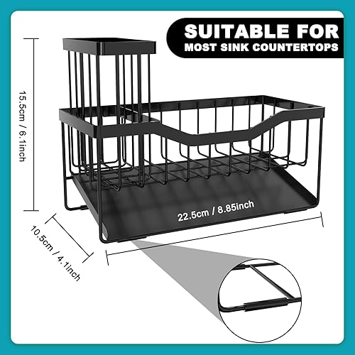 Miniatura 6 de Soporte de esponja multifuncional para fregadero de cocina con estante de cepillo alto, organizador de fregadero con bandeja de autodrenaje,