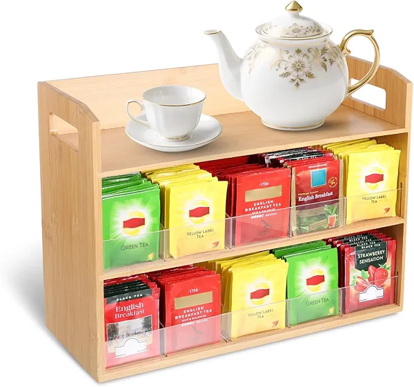 Bamboo Tea Bag Organizer, 3 Layer Wooden Tea Bag Storage Organizers Box for Countertop, Teabag Holder with Handle and 10 Acylic Adjustable Partitions for Coffee Station Office Kitchen Cabinet Chest
