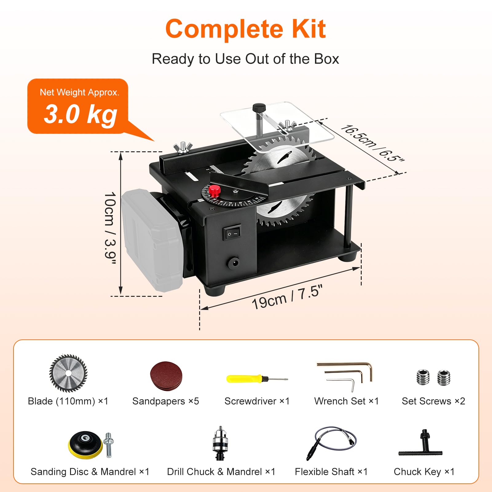 Mini Sierra Circular de Mesa, 23 000 R/Min, Compatible con Makita Baterías | Corte, Lijado y Grabado 3 en 1 con Disco 110mm, Eje Flexible y Portabrocas para Madera, Acrílico, PCB y Plástico, Sin Batería