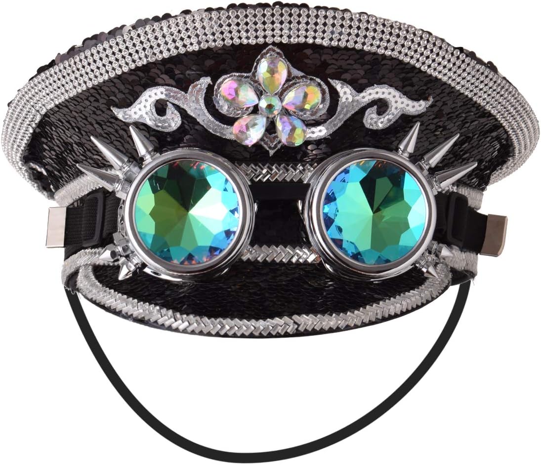 GRACEART Music Festival Burning Man Hat Sequin Military Captain Top Hat Adults Steampunk Headwear Cap with Goggles (Black-2)