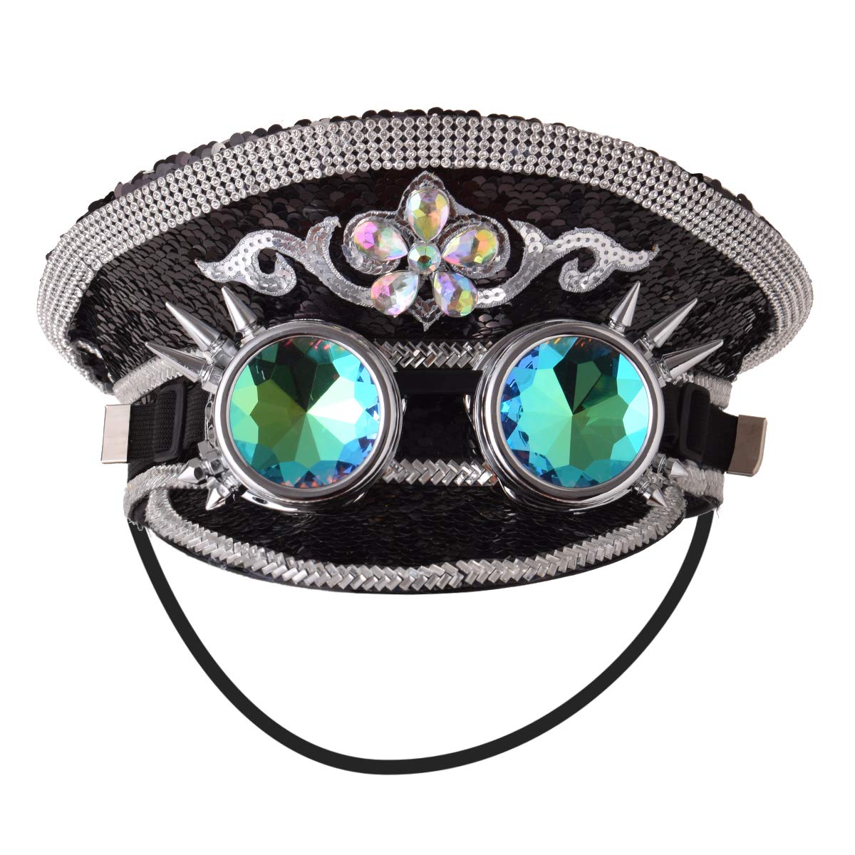 BPURB Gorras de capitán militares unisex de lentejuelas con gafas Steampunk Burning Man Top Hat Festival Halloween Cosplay