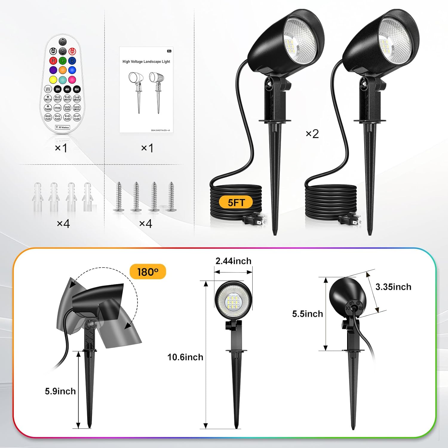 20W RGBW Color Changing Outdoor Spotlight with Remote Control 1880LM IP66 Waterproof LED Spot Lights for Christmas Halloween Decorative Yard Garden Pathway 120V US Plug 2 Pack - Image 6