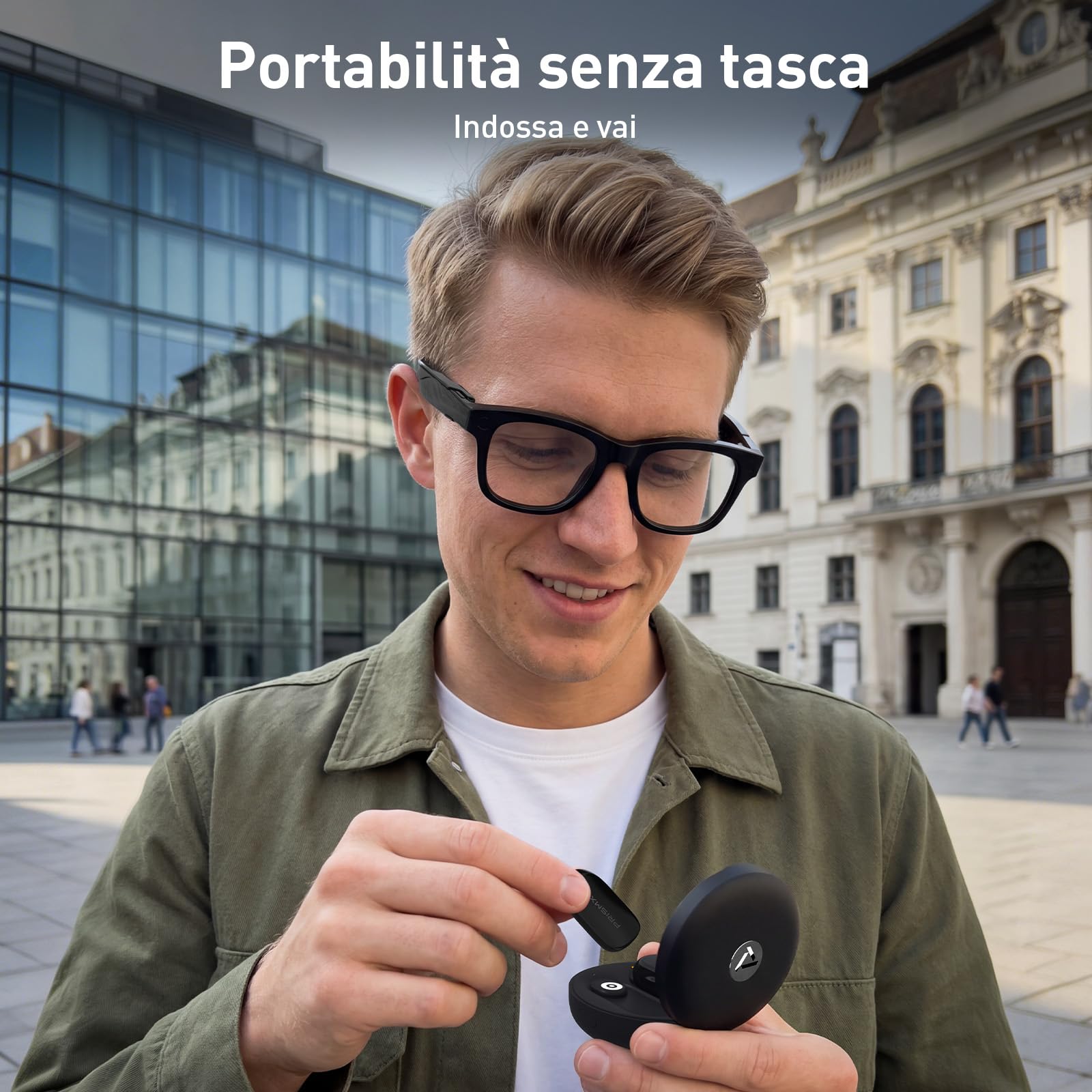 PRISMXR Carina C2 Batteria portatile per occhiali Rayban Meta, magnetica ultraleggera, caricabatterie portatile con autonomia estesa da 14 a 19 ore (per Wayfarer Regular)