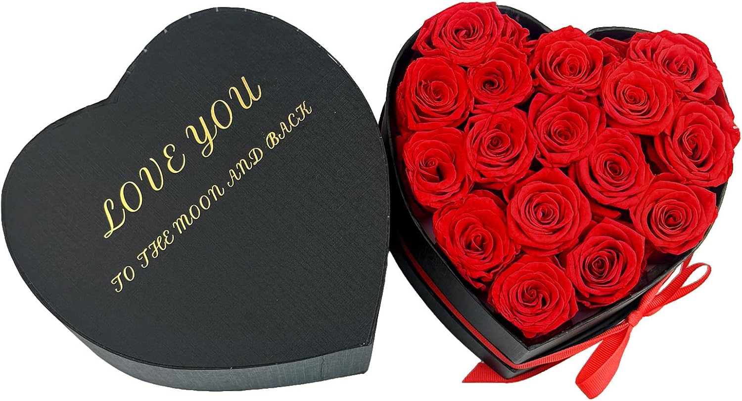Preserved Roses Heart Shape Box Valentines Day Gifts for Her Mothers Day Forever Flowers (Red, 16 Roses)