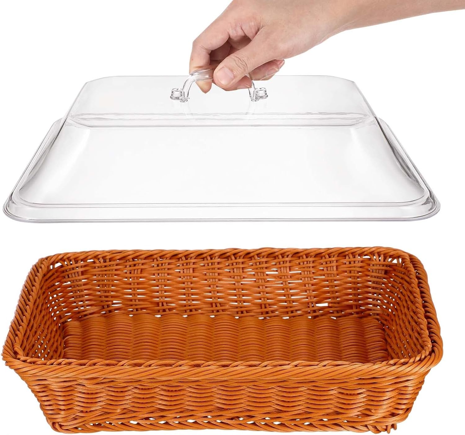 Imitation Rattan Woven Bread Basket with Lid, Small Rectangular 35x25x15cm, Sturdy Household Storage and Serving Basket for Kitchen, Dining, and Restaurant Use