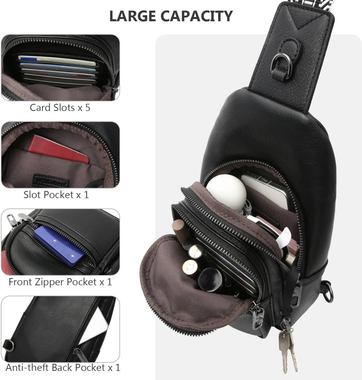 Small Sling Bags for Women Leather Crossbody Bag Anti Theft Rfid Fanny Packs for Travel (Black)