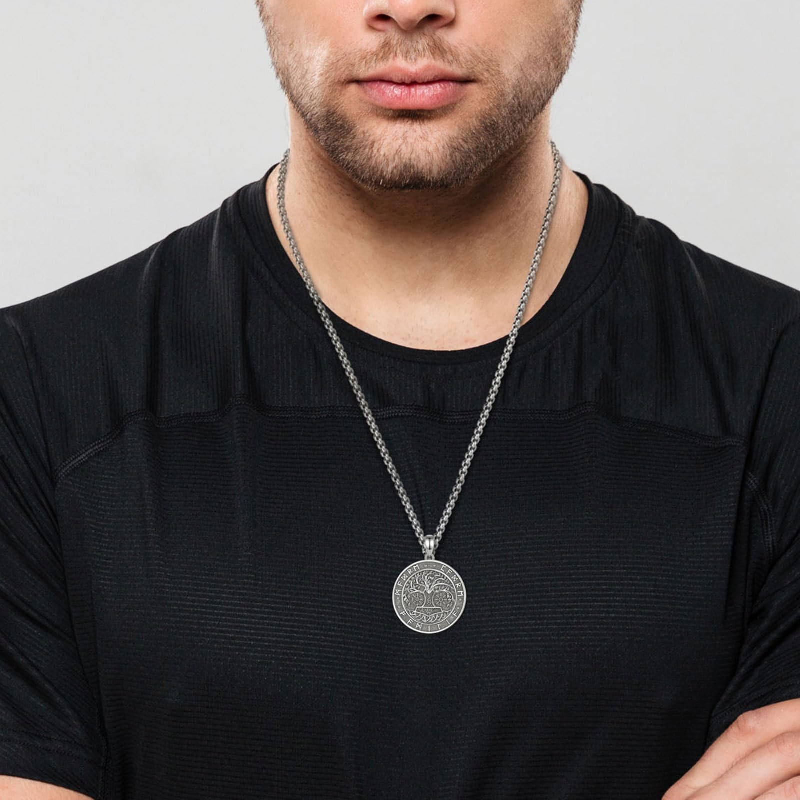 INFUSEU Wikinger Halskette für Männer, 925 Sterling Silber Lebensbaum Yggdrasil Anhänger Wolf Schmuck Valknut Jormungandr Odin Raven Allah Geschenk für Männer