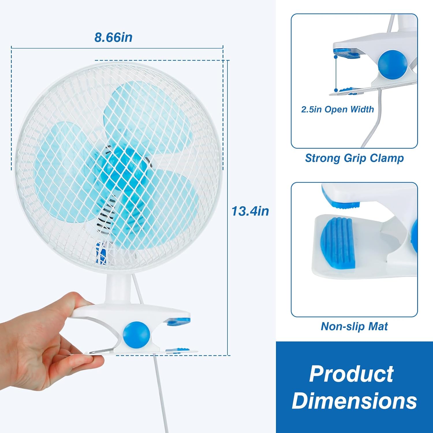 TeqHome Clip-On Fan, 2 Speeds Quiet Oscillating Clip Fan, 90° Adjustable Tilt, Portable Rechargeable Personal Fan for Desk, Home, Office, Dorms, Strollers, Camping, Wall Mount