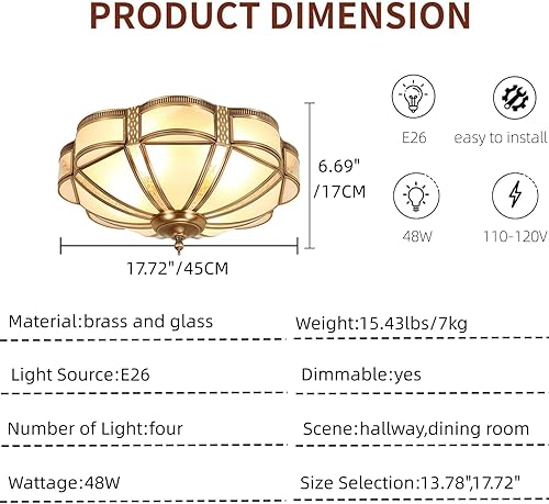 Miniatura 9 de Lámpara de techo retro de latón americano, lámpara de techo de forma redonda con pantalla de vidrio esmerilado (17.71 pulgadas de ancho)