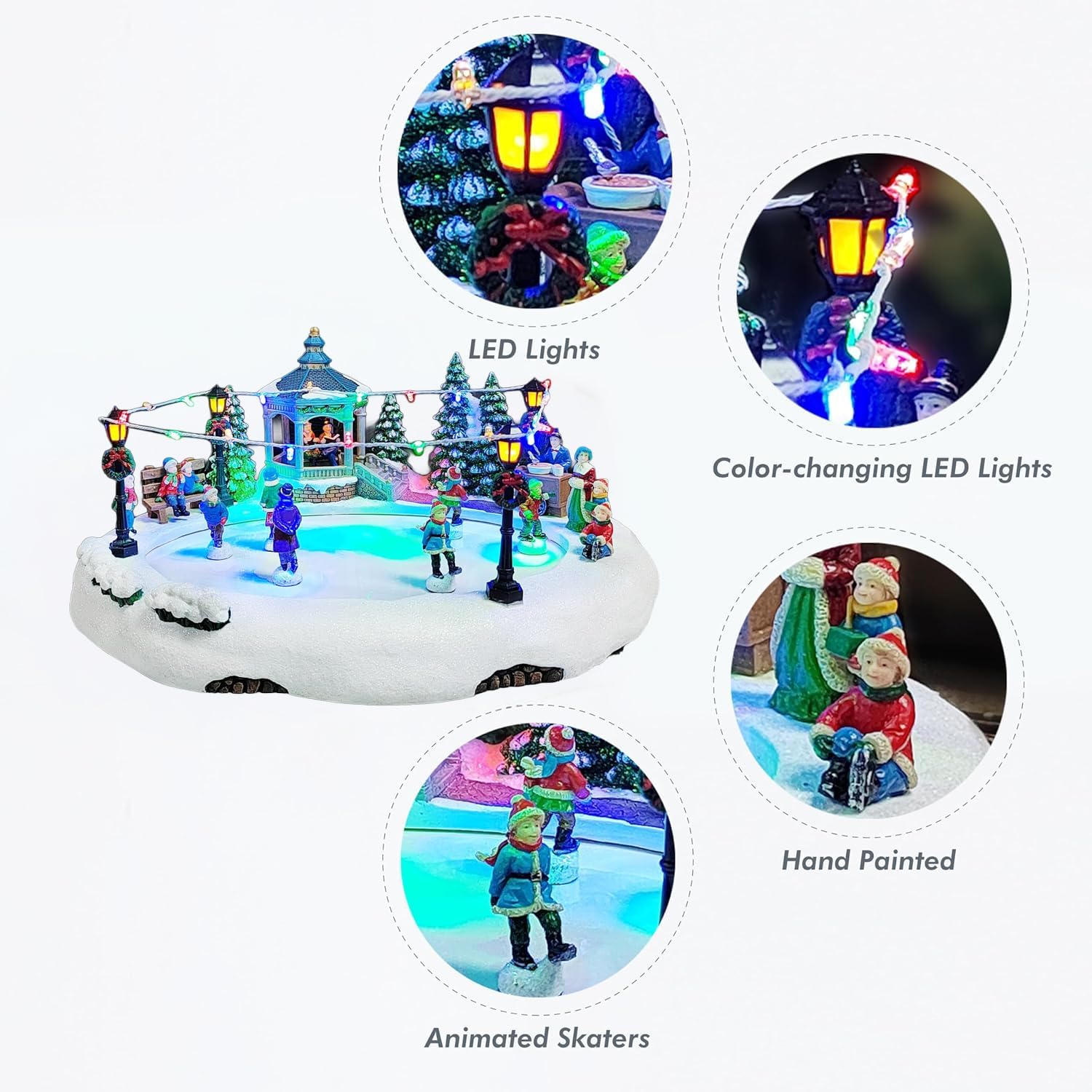MOMENTS IN TIME Animated Skating Pond 7.28”H LED Christmas Village Display with Moving Skaters, Lights & Music, Adapter or Battery Operated, Handcrafted Polyresin Decor