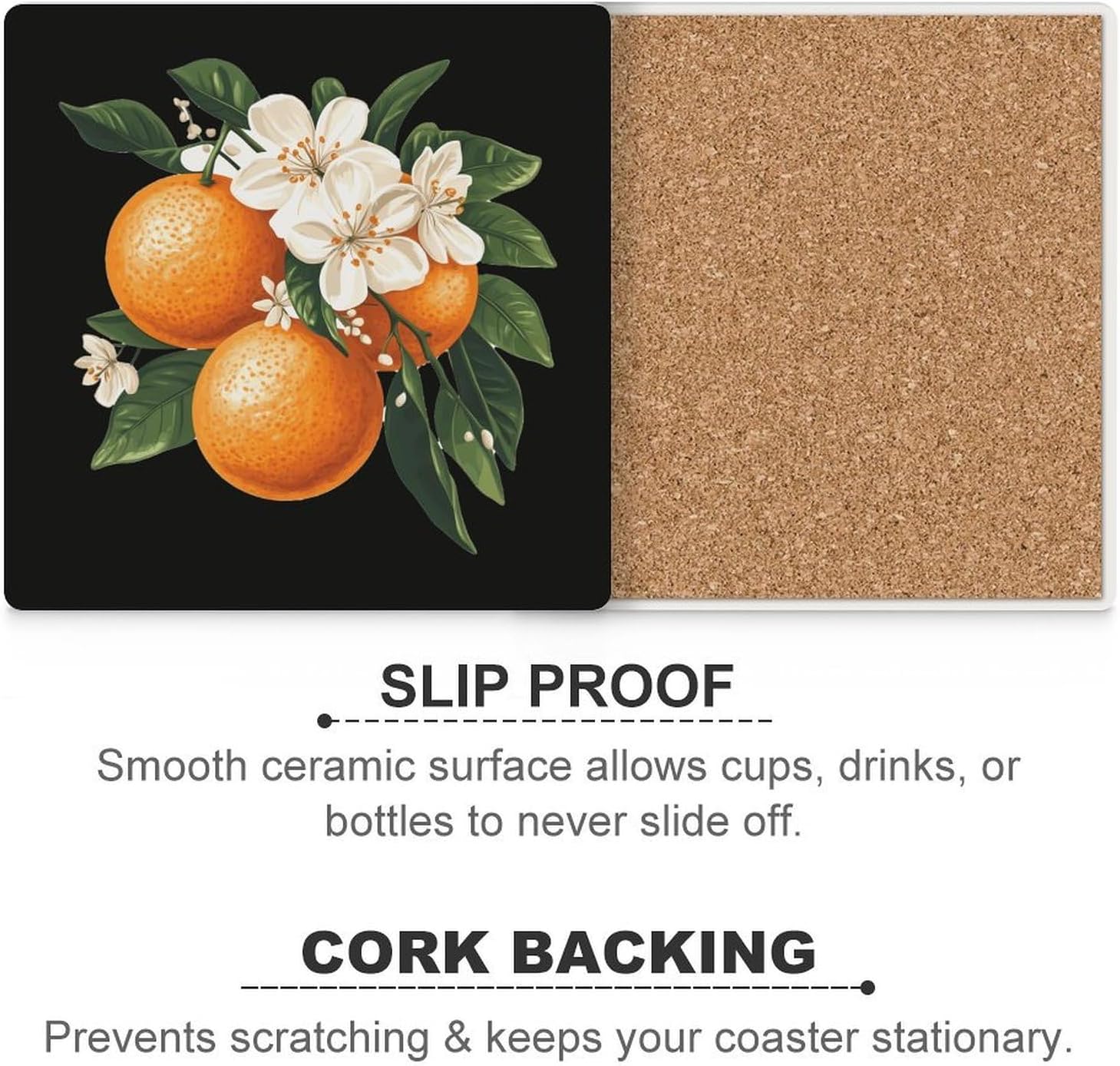 Fruit Orange Flower Coasters for Drinks Square Table Coasters Set Cup Mats with Cork Base