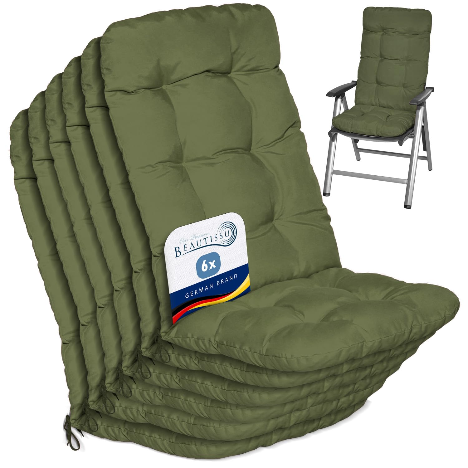Beautissu Set of 6 Highback Garden Chair Cushions Set 120x50x8 cm - Olive Green Outdoor Seat Cushions for Garden Chairs with Backs Pillows for Recliner Patio Sunbed Bench - Flair HL