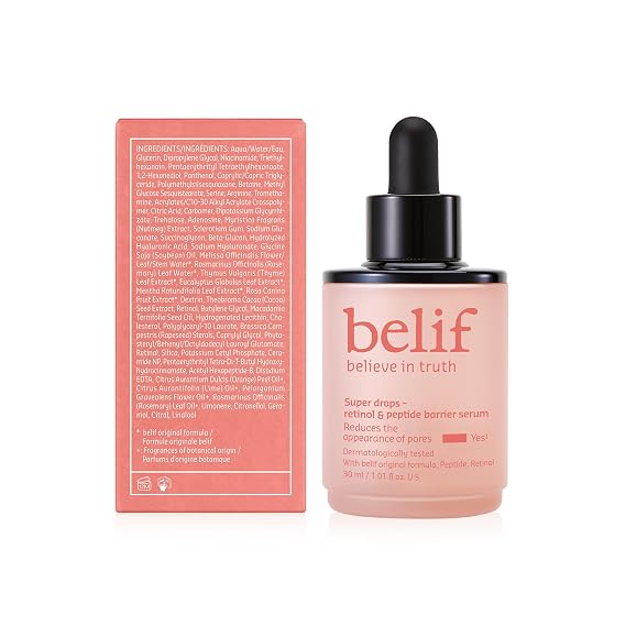 belif Retinol & Peptide Super Drops Serum Anti-Aging Skin Booster and Pore Minimizer with Hyaluronic Acid for Firming, Smoothing & Repair, Korean Skincare for All Skin Types, 1.01 fl oz