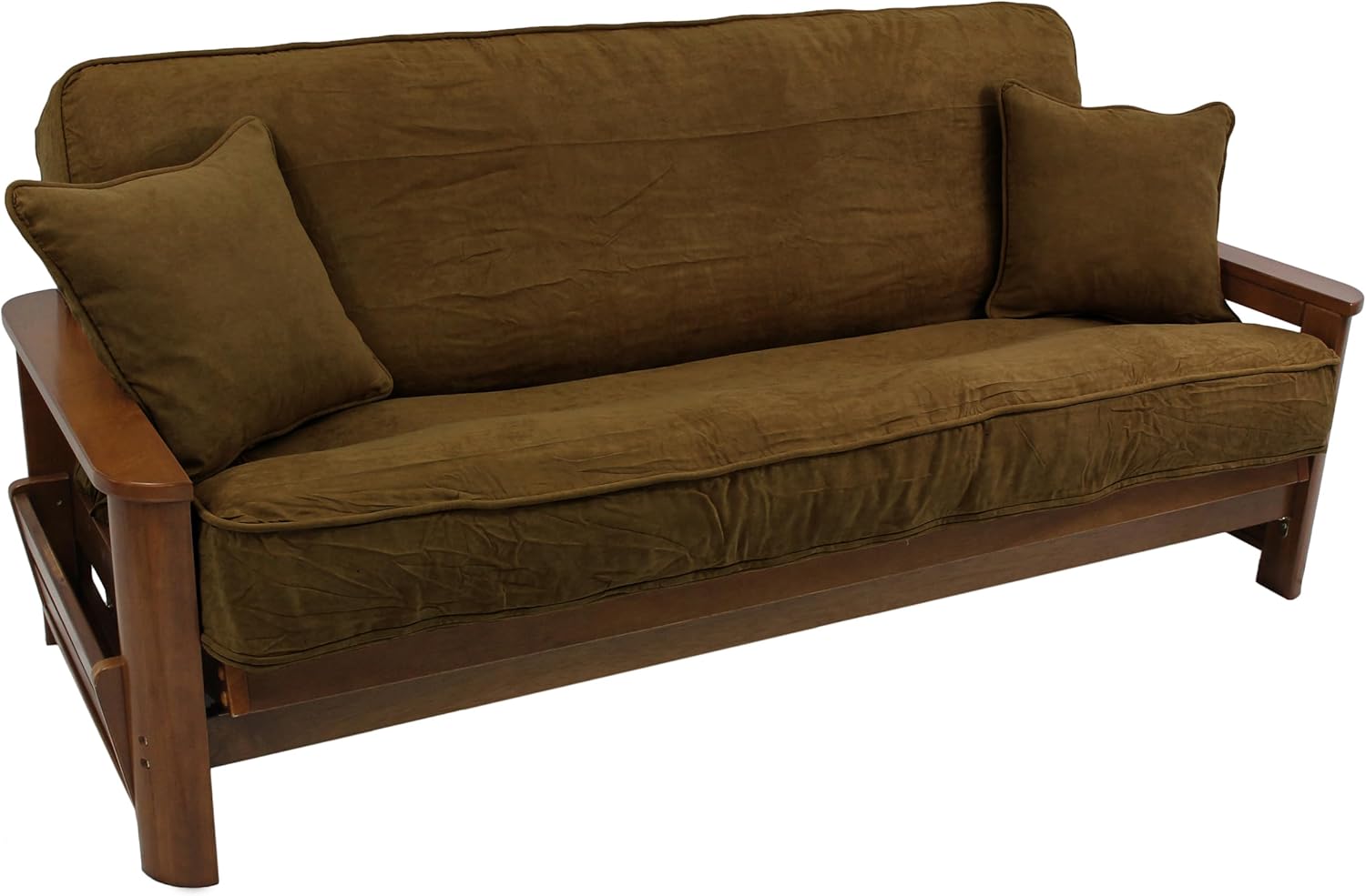 Blazing Needles Solid Microsuede Double Corded 8" to 9" Futon Cover Set with 2 Throw Pillows (Set of 3), Full, Saddle Brown