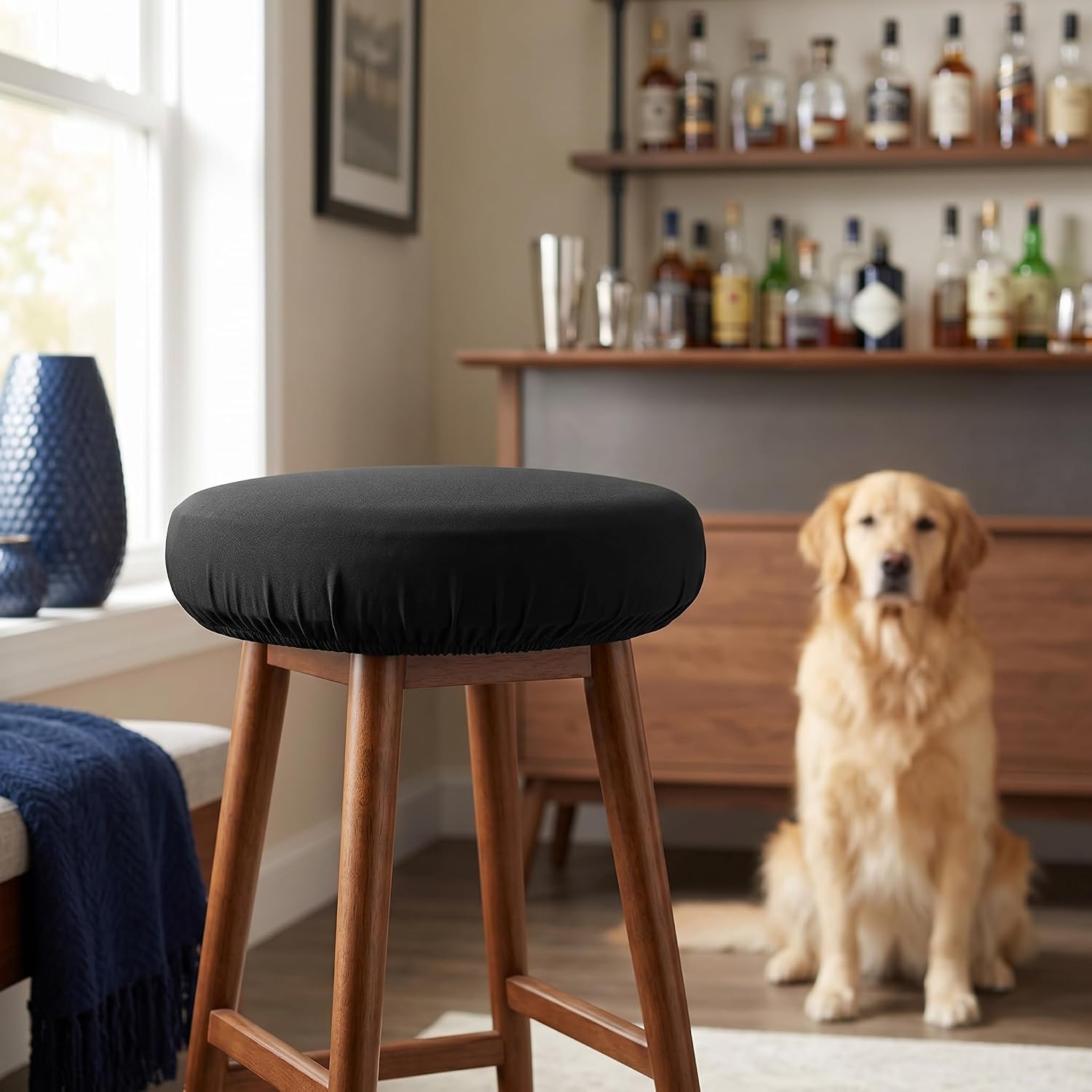 2 PCS Bar Stool Covers Black, Round Stretch Bar Stool Seat Covers, Soft Washable Slipcovers for Round Chairs, High Elastic Stool Cushion Covers Fit 11-14 Inch Diameter Seats