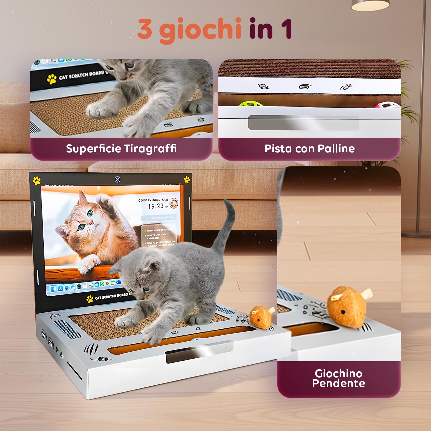 AVILIA - Tiragraffi per Gatti a Forma di Laptop - Gioco Interattivo 3 in 1 con Mouse e Tastiera in Cartone - Graffiatoio Anti-Stress per Unghie Sane - Idea Regalo Gatto
