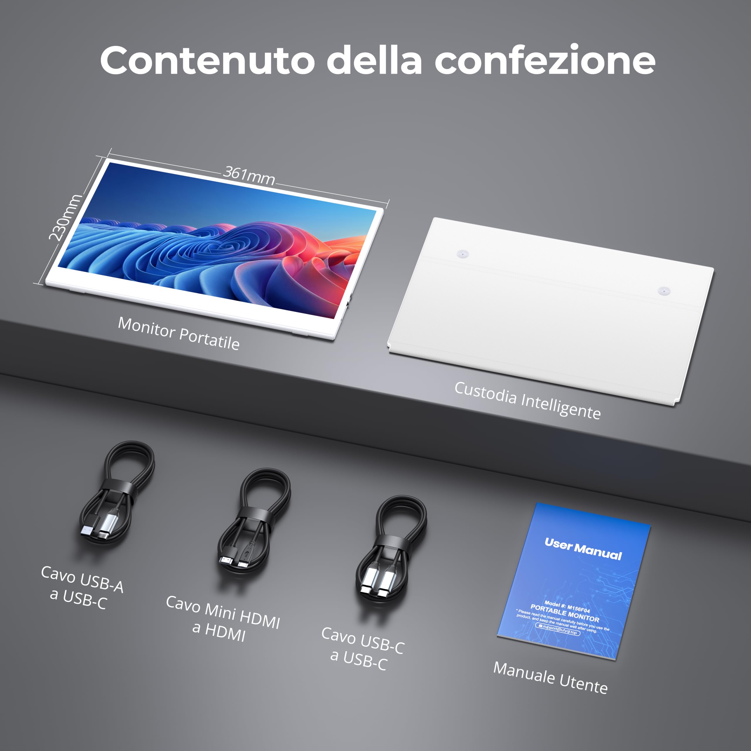 UFYQL Monitor portatile 15,6" IPS FHD 1920x1080 | Schermo esterno per notebook leggero, USB-C/Mini HDMI, altoparlanti, custodia intelligente, supporto VESA, compatibile PC, Mac, PS5, Xbox