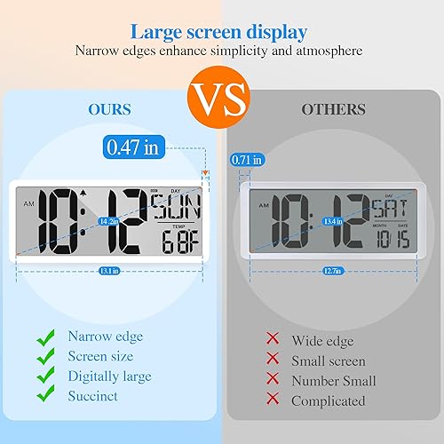 Miniatura 8 de Reloj de pared digital grande de 14.2 pulgadas, despertador digital para dormitorio, funciona con pilas, reloj digital con pantalla grande con