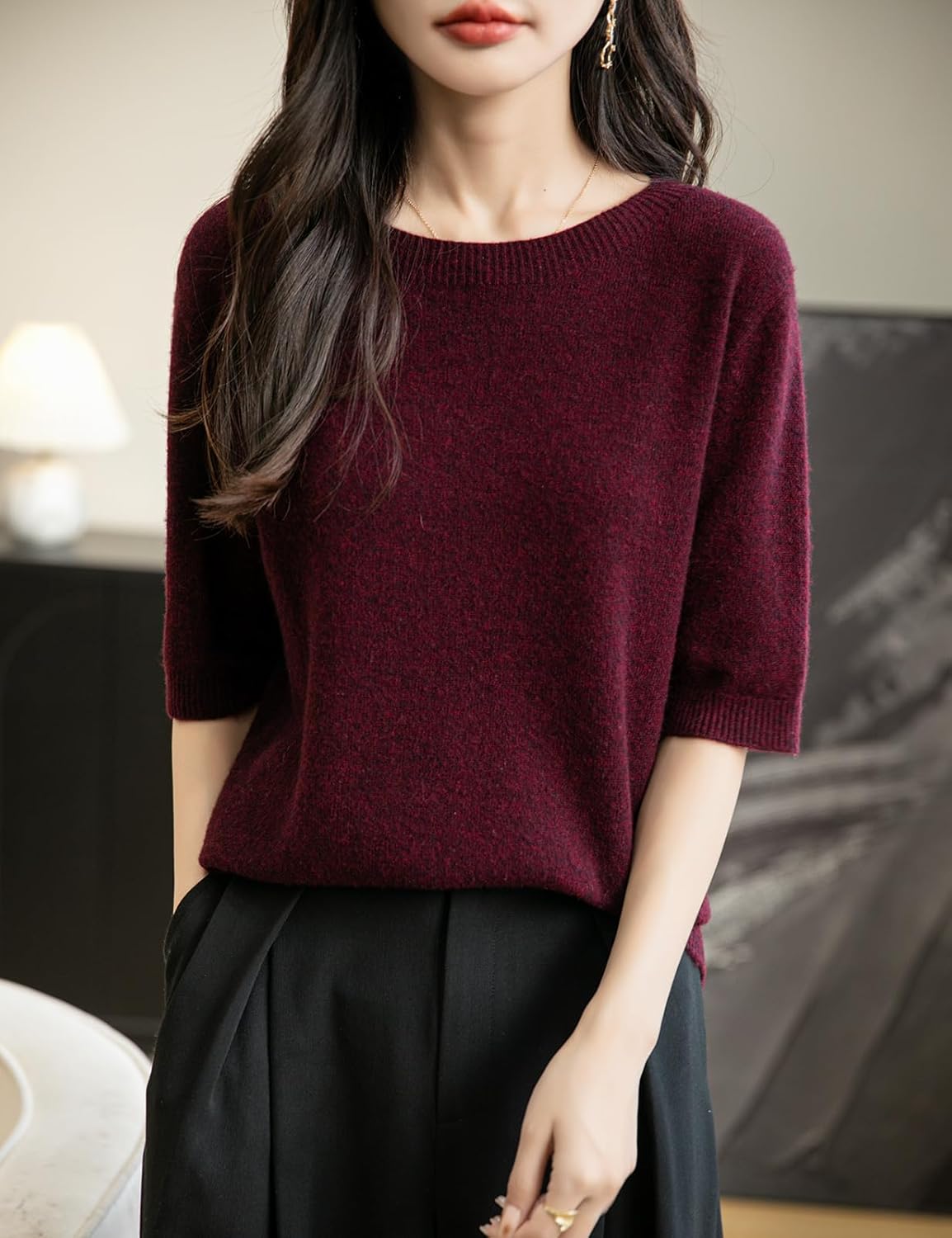 Chanyarn Women's 100% Merino Wool Spring Fall Winter First-Line Ready to Wear Seamless Knit Crewneck Short Sleeve Sweater - Image 3