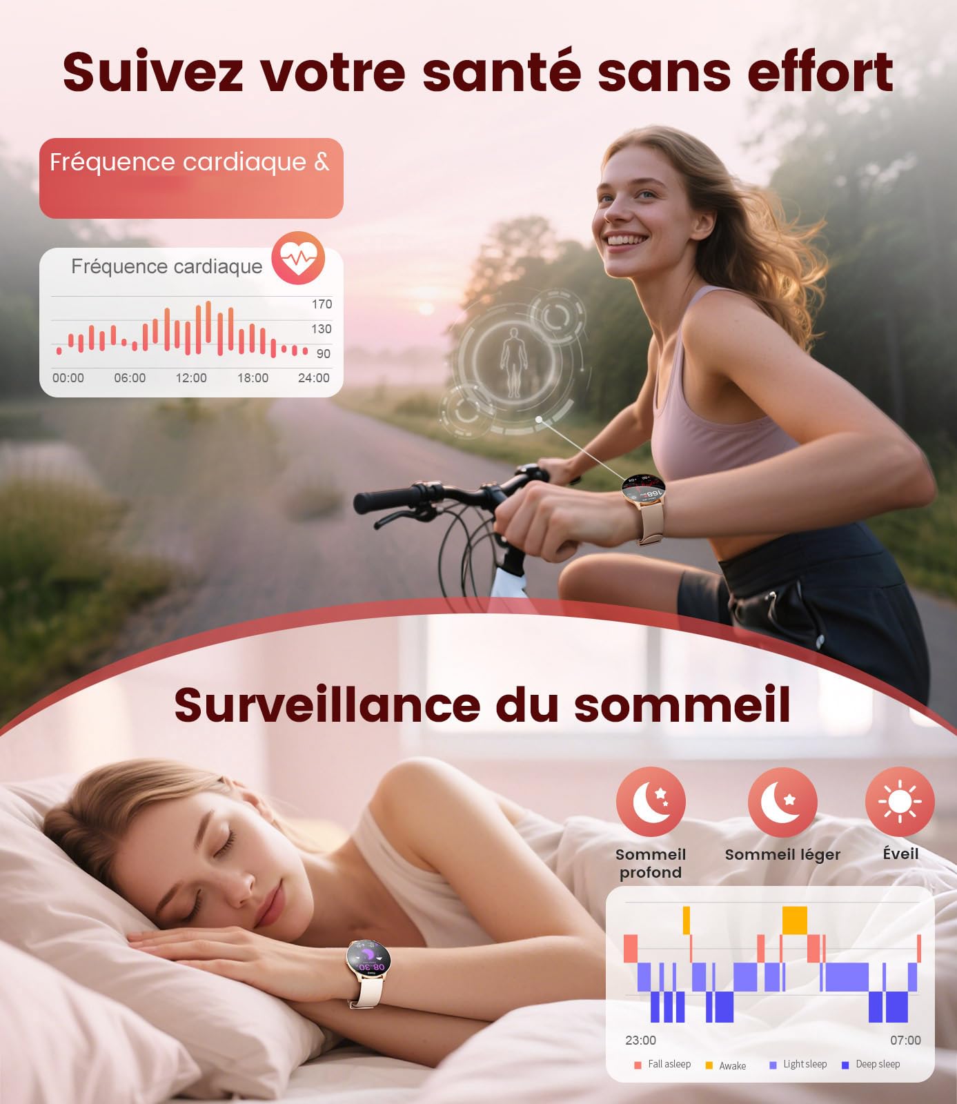 LIGE Montre Connectée Femme (2 Bracelets), 1,43" AMOLED Montre Sport,Smartwatch avec 120+ Modes Sportifs/Étanchéité IP68/Fréquence Cardiaque/Compteur,Montre Femme pour iOS et Android,Doré