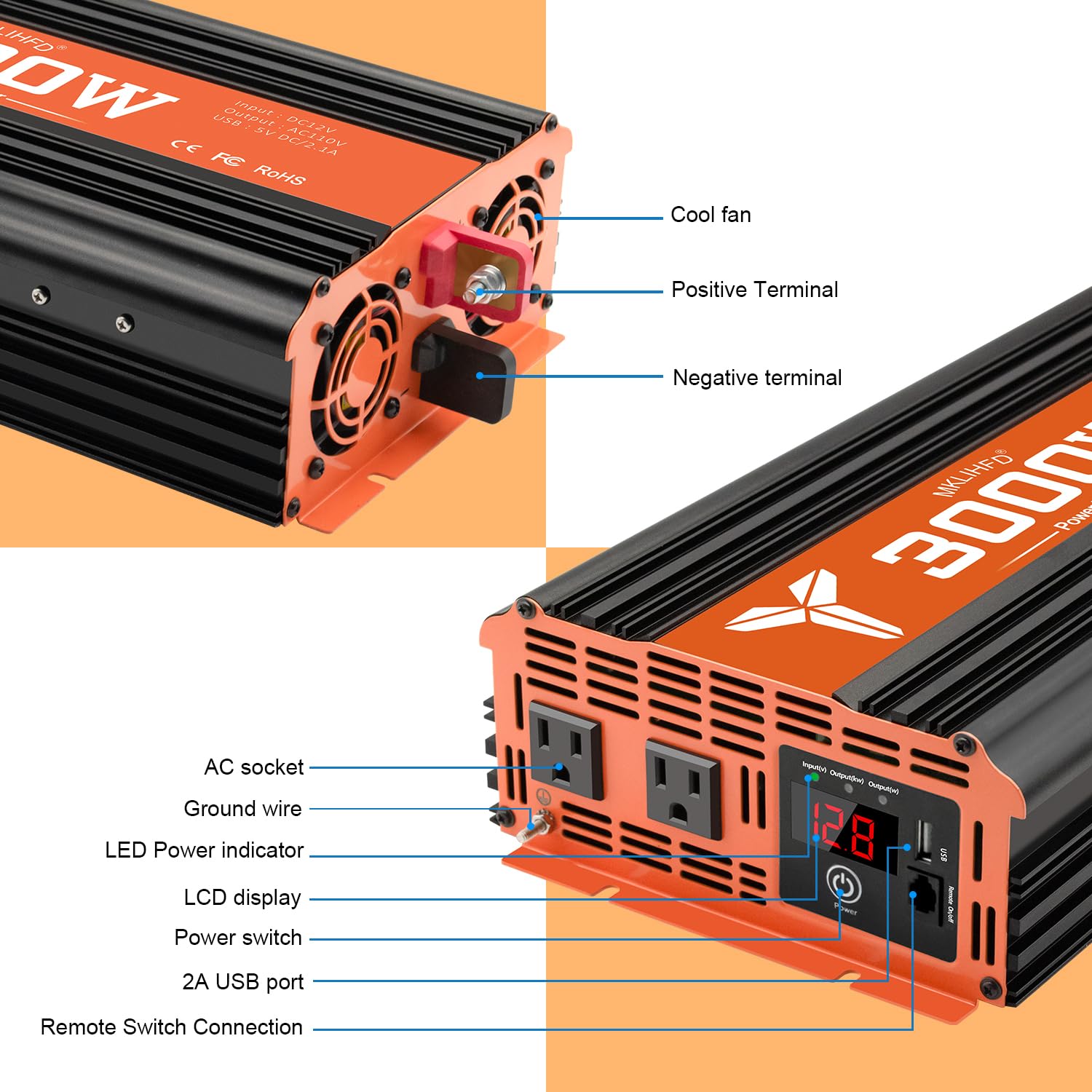 MKLIHFD 3000W Inverter 12V DC to 110V AC Converter for Home, RV, Truck, Off-Grid Solar Power Inverter with Built-in 5V/2.1A USB, AC Hardwire Port, Remote Controlle