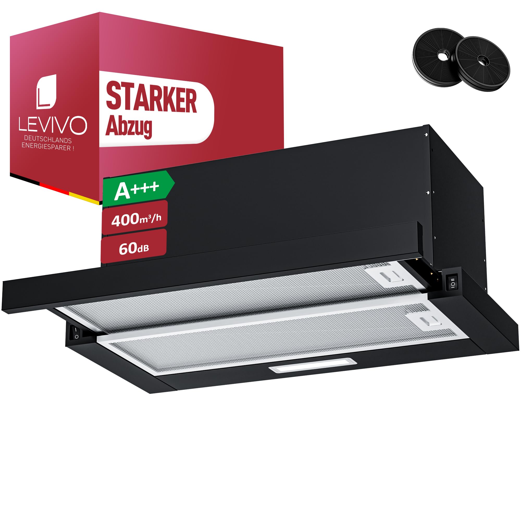 LEVIVO A+++ Dunstabzugshaube 60cm Unterbau Umluft & Abluft mit 400 m³/h, Einbau Flachschirmhaube mit 2 Aktivkohlefiltern, 2 Fettfiltern, 2 Stufen, LED-Licht, Abzugshaube Ausziehbar 60 cm, Schwarz