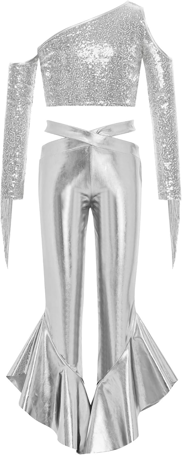 Girls Sequin Metallic Long Sleeve Jazz Dance Crop Top with Bell-bottoms Pants Set Disco Dancewear Silver 14 Years
