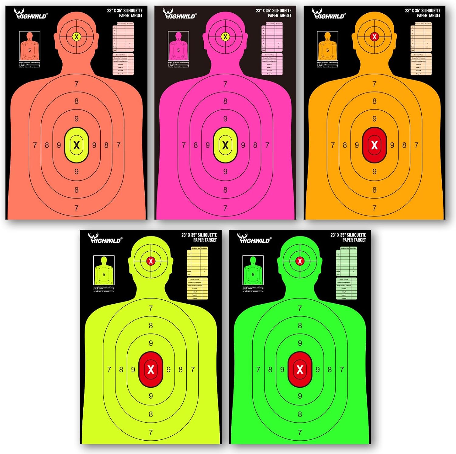Highwild 23X35 Inch Shooting Range Silhouette Paper Target - 5 Fluorescent Colors - Suitable for Handguns, Rifles, Airguns, BB Guns