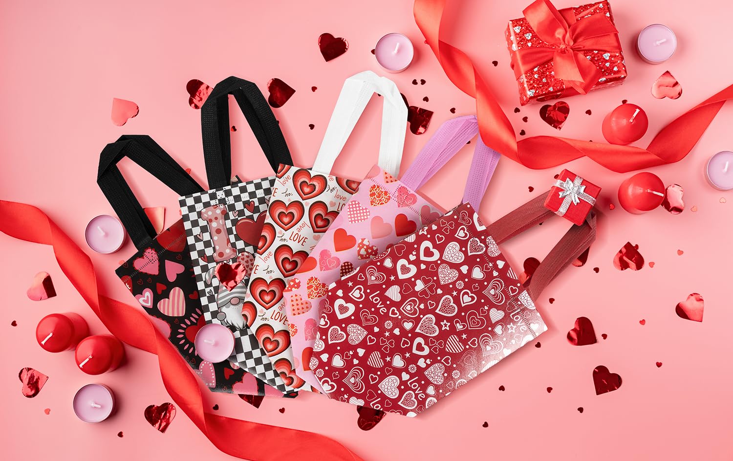 XiaosRen 10PCS Love Heart Valentine's Day Reusable Gift Bags, Non-Woven Valentines Tote Bags with Handles for Presents Wrapping, Kids Valentine Party Favor.