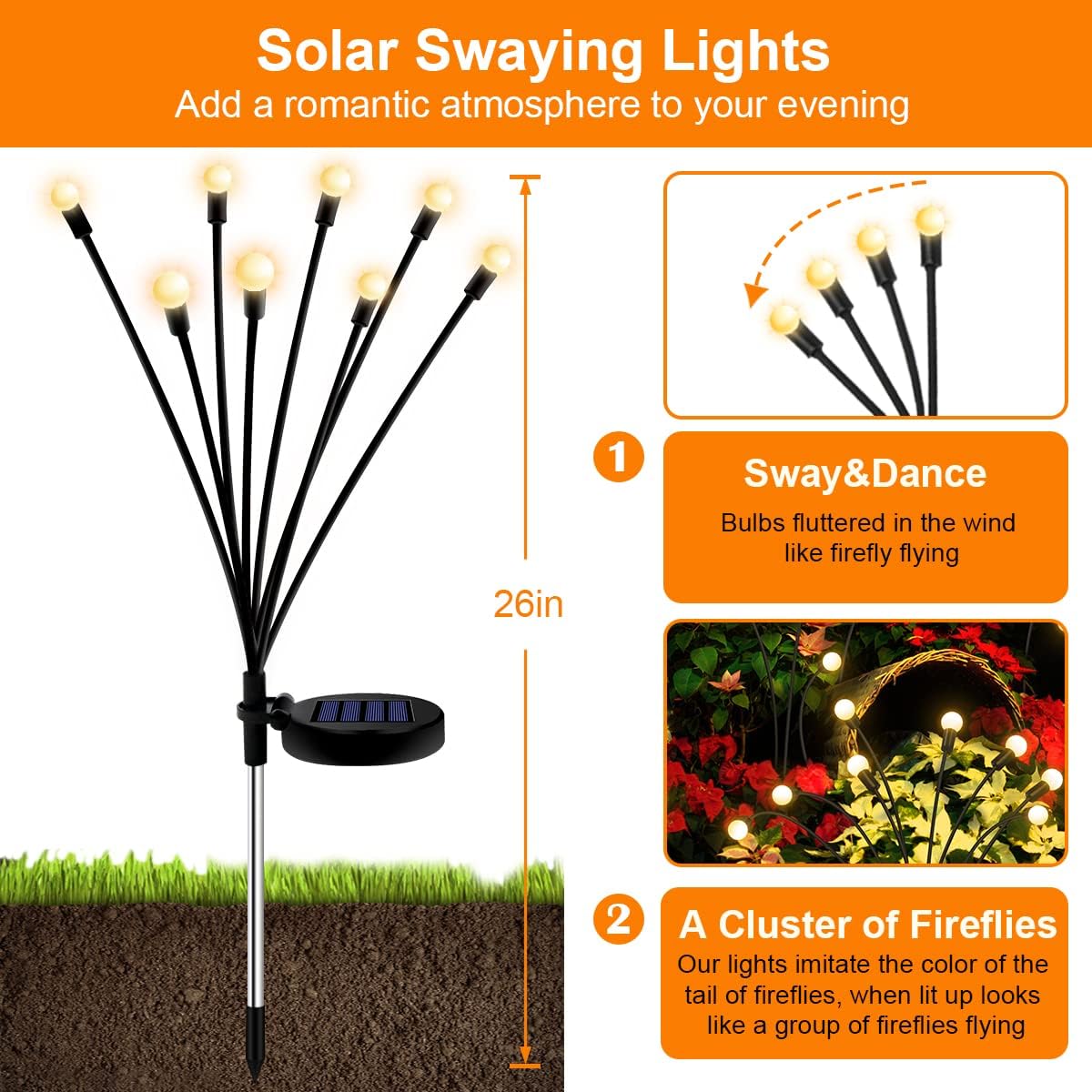 Forlivese Solar Swaying Light, Solar Garden Lights, 8LED, 2 Modes Solar Firefly Lights, Garden Lights Solar Powered Waterproof, with Highly Flexible Copper Wires, for Yard Patio Pathway (2 Pack)