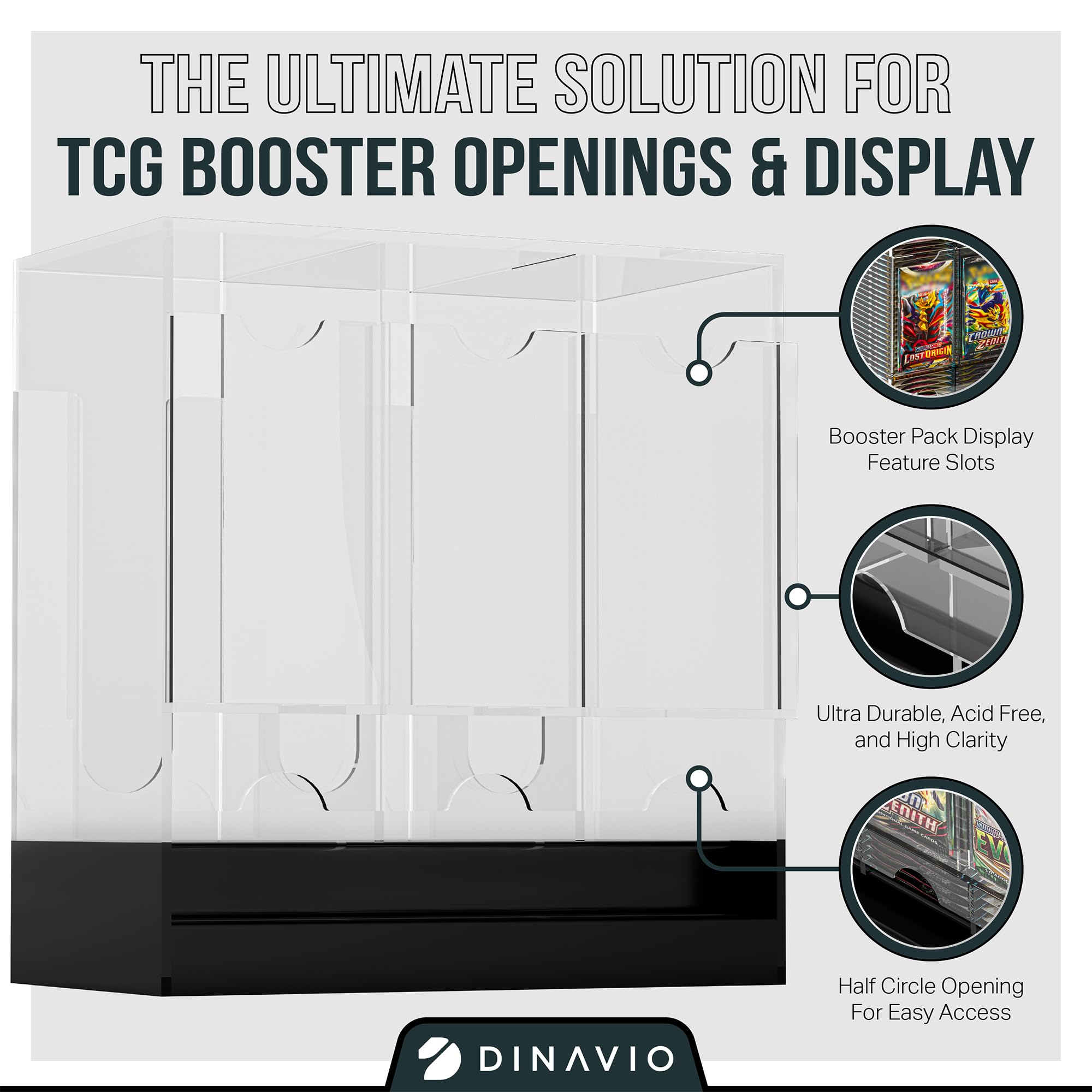 Dinavio Crafthouse - Dispensador Acrílico de 3 Ranuras con Base Negra - Compatible con Potenciadores de Tarjetas TCG y Tarjetas Deportivas