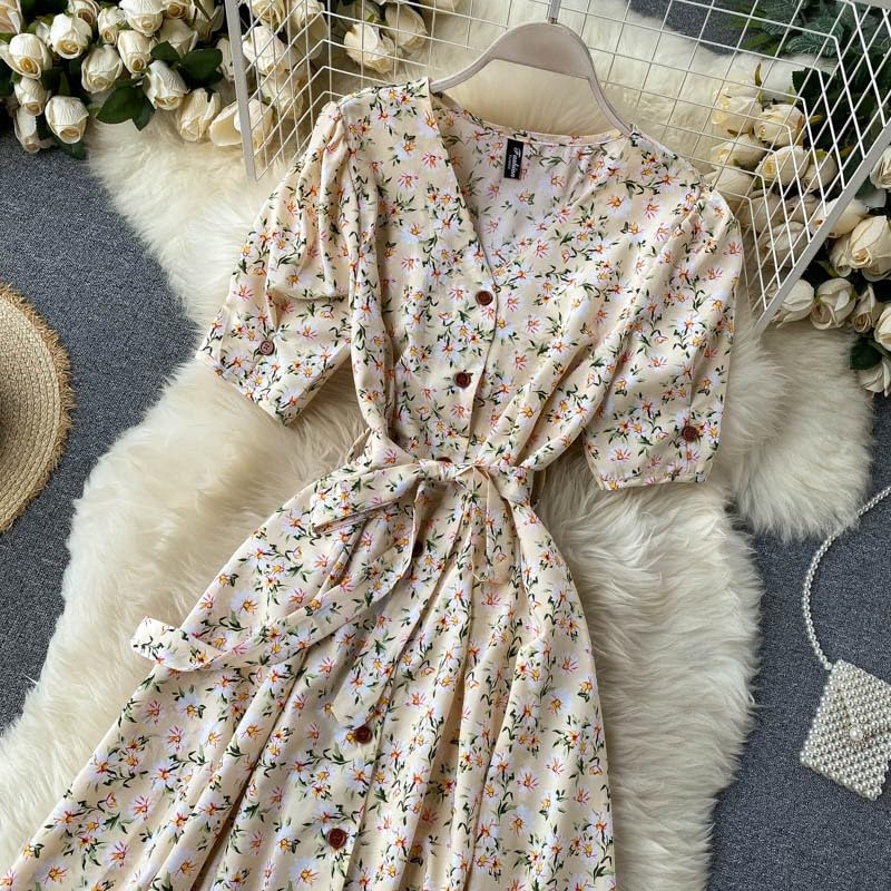 Gufrina Dresses for Women Half Sleeve || Floral Print || V-Neck and Puff Sleeves || Front Open Button & Tie-Up || Midi Dress (Beige M) 2