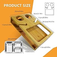 Vista 3 de Organizador rústico de bambú para aperitivos, bandeja de TV con 2 soportes para copas de vino tinto, organizador de sofá con bandeja para tazas