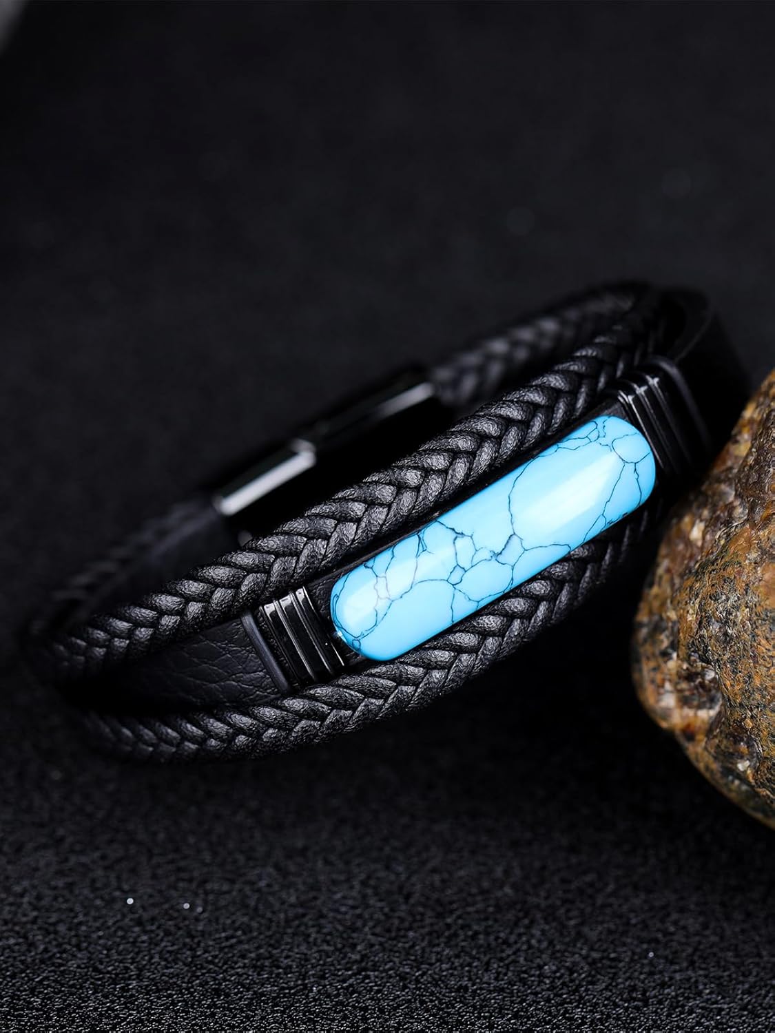 Mens Black Leather Obsidian/Turquoise/Tiger Eye/Red Agate Bracelet–Braided Multi‑Layer Wristband Cuff Bangle Bracelet with Stainless Steel Clasp Gift Jewelry Box Included-8.3in - Image 4