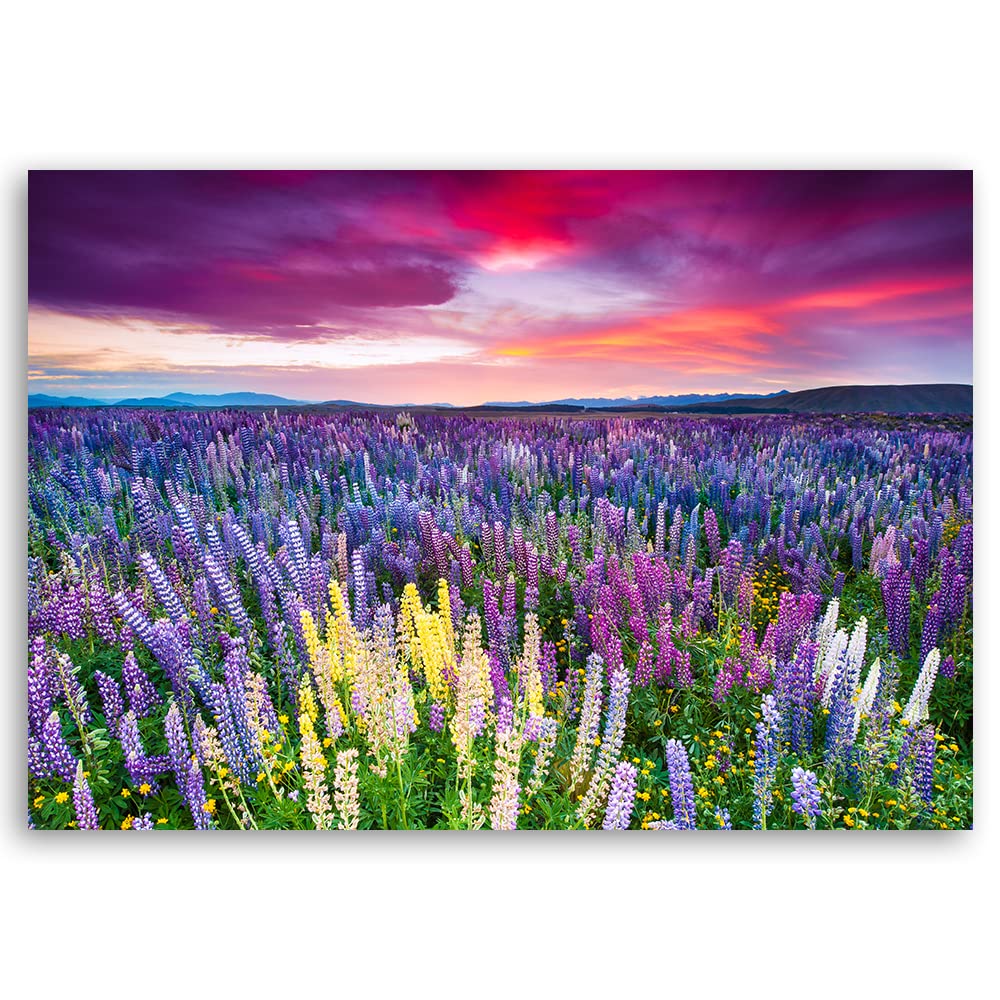Feeby Vlies Leinwandbild XXL Abendhimmel Blumen Wiese 120x80 cm Wandbild Kunst Bilder Schlafzimmer Deko Wohnzimmer Pflanzen Horizont Abend Blau