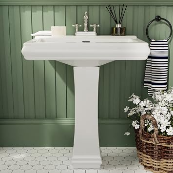 DeerValley 26x20 Inch White Ceramic Pedestal Bathroom Sink with 3 Faucet Holes at 4-inch Centers, Overflow Included, Rectangular Vanity Sink, DV-1P521