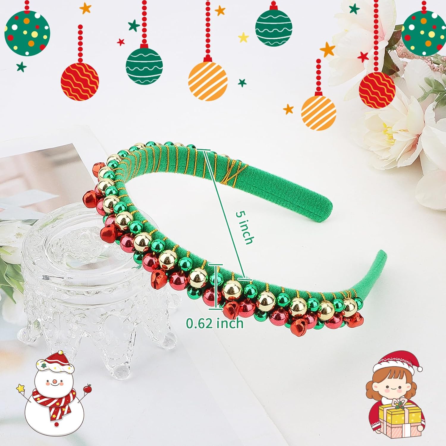 Jaciya 2 Pack Christmas Headbands for Women Bells Headband Red Green Silver Hair Accessories
