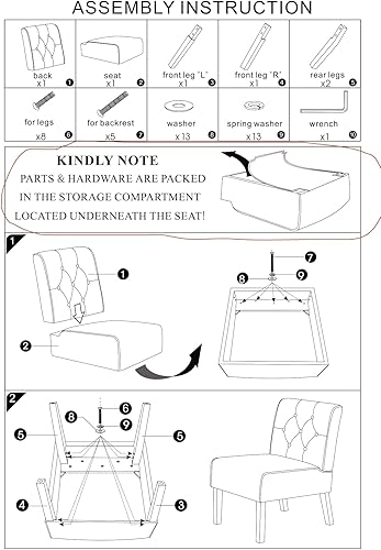 Miniatura 12 de Container Furniture Direct Reese - Silla moderna de mediados de siglo para sala de estar, sin brazos, con botones y patas de madera maciza, 2