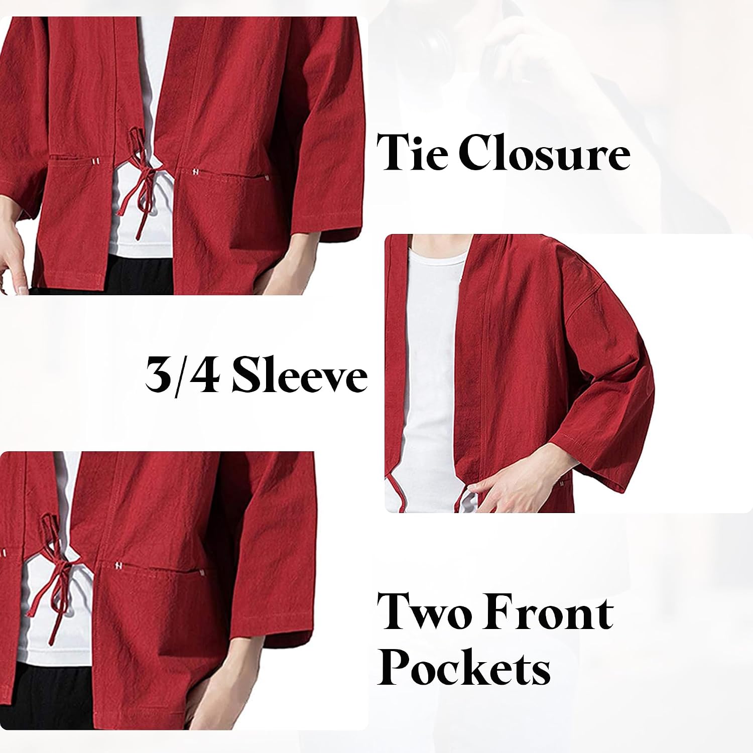 Haseil Men's Kimono Cardigan Japanese Jackets Casual Cotton 3/4 Sleeve Shirt Open Front Coat Lightweight Linen Outwear